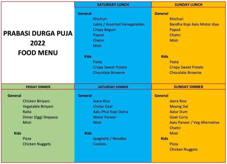 Prabasi Durga Puja 2022 Menu Prabasi of New England